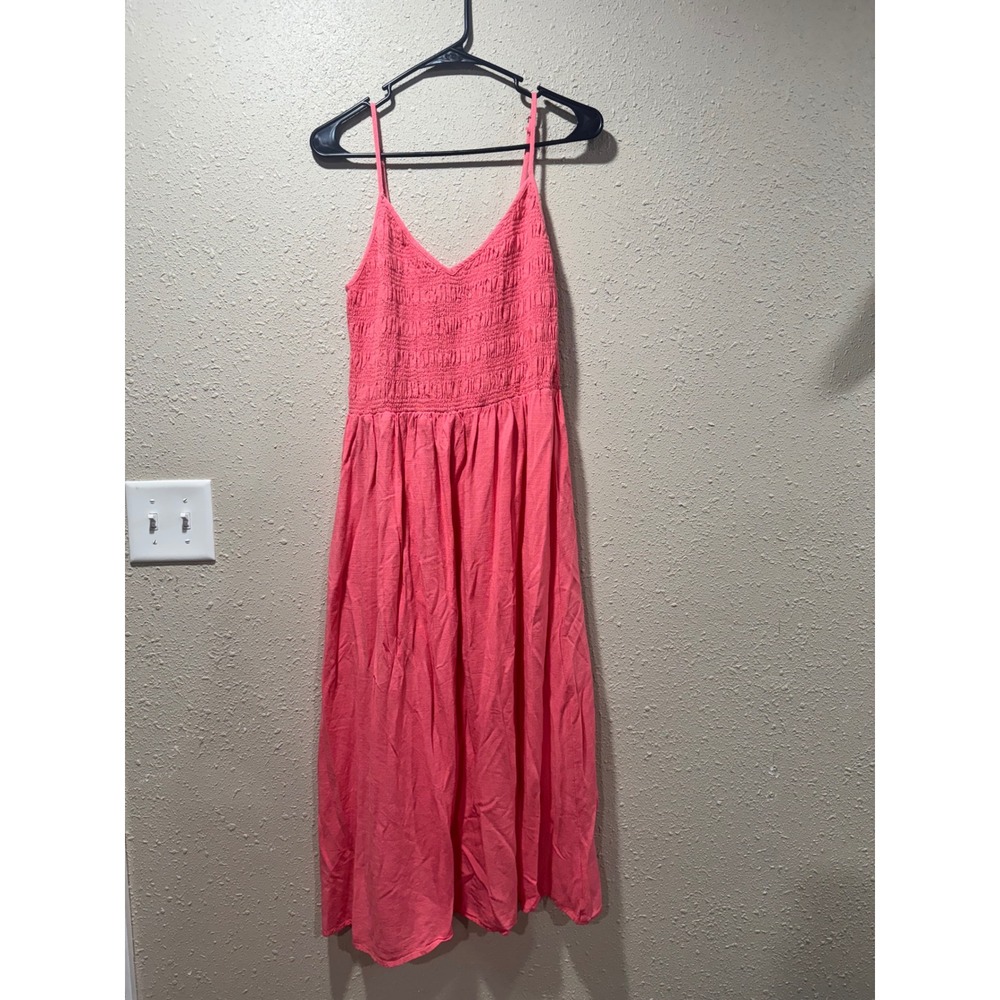 Wild Fable Coral Pink Smocked Midi Dress Large Spaghetti Strap V-Neck‎ Summer
